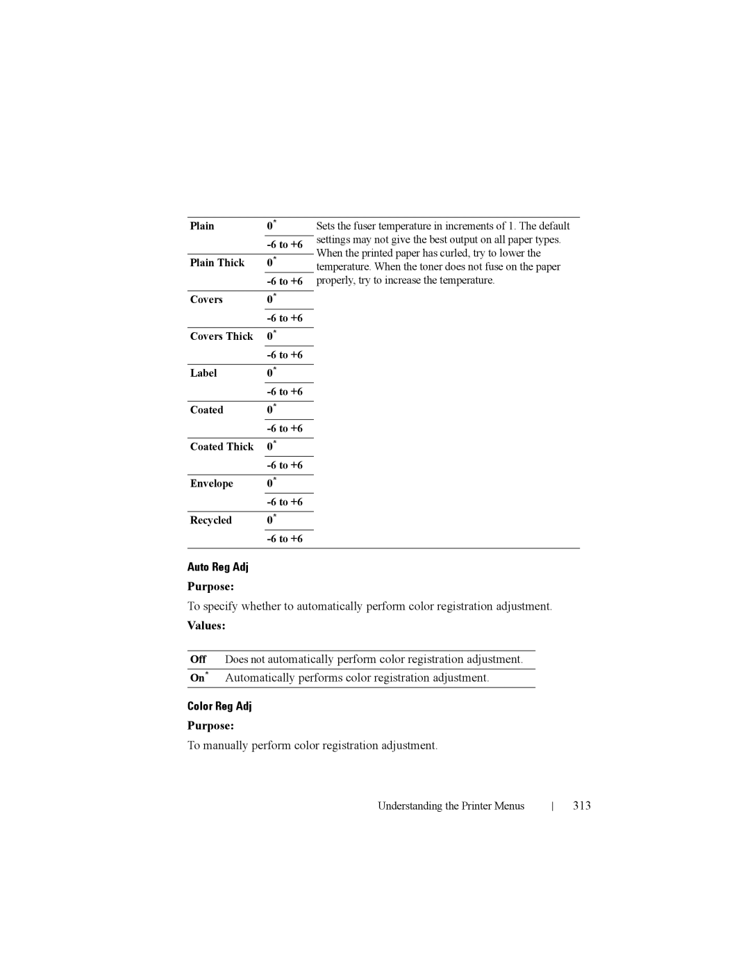 Dell 2150cn manual Auto Reg Adj, Automatically performs color registration adjustment, Color Reg Adj, 313 