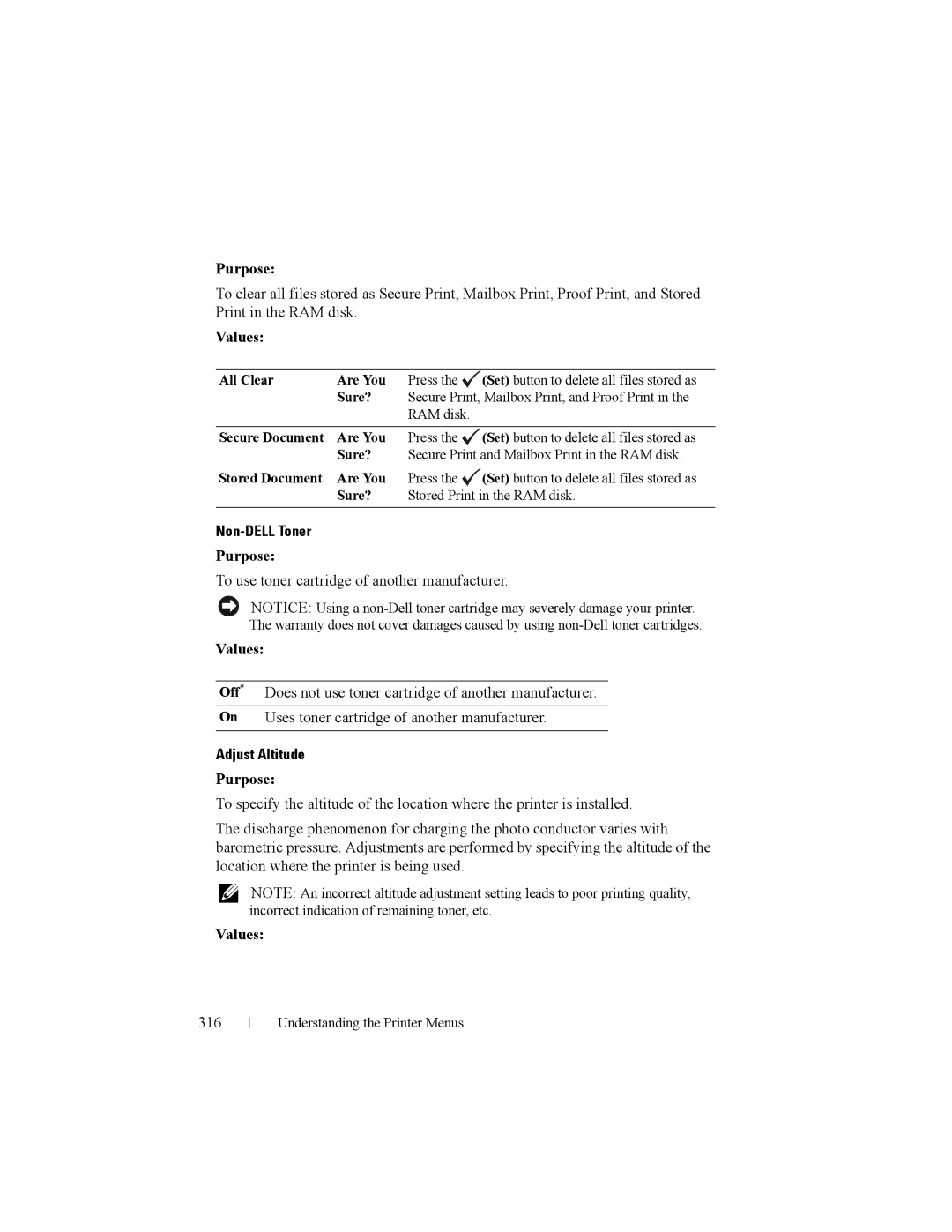 Dell 2150cn manual Non-DELL Toner, Adjust Altitude, 316 