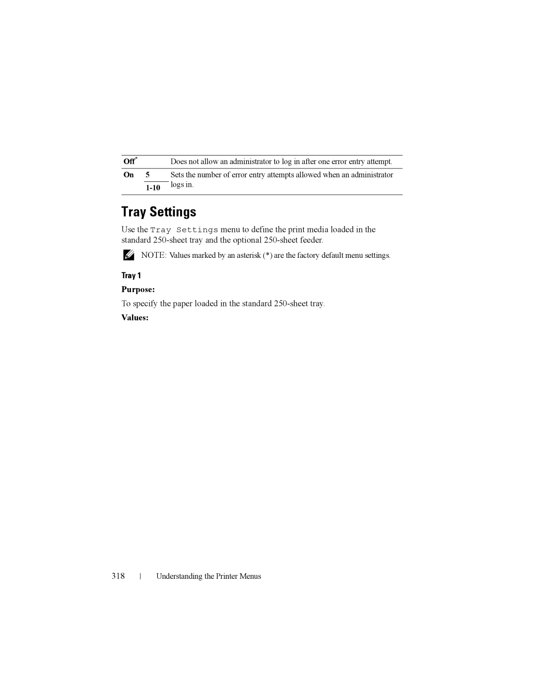 Dell 2150cn manual Tray Settings, To specify the paper loaded in the standard 250-sheet tray, 318 