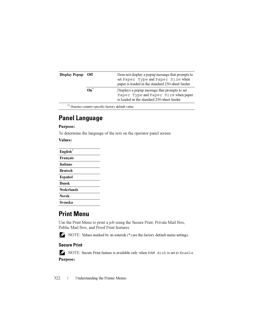 Dell 2150cn manual Panel Language, Print Menu, 322, Display Popup Off 