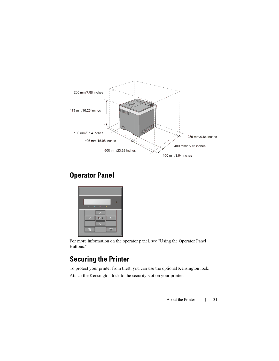 Dell 2150cn manual Operator Panel, Securing the Printer 