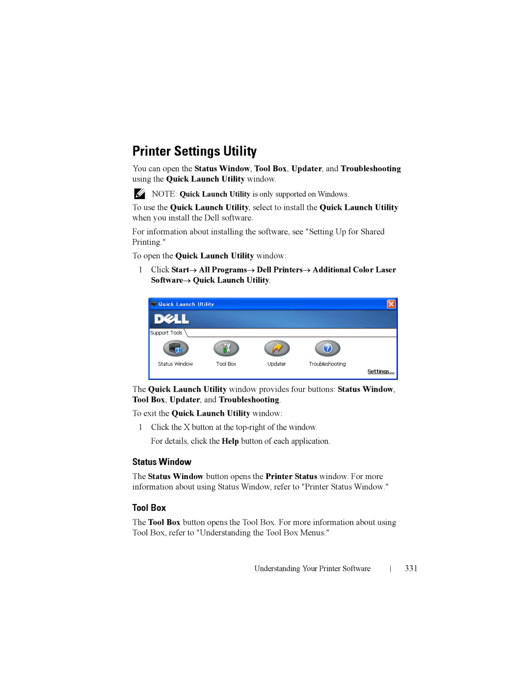 Dell 2150cn manual Printer Settings Utility, Status Window, Tool Box, To exit the Quick Launch Utility window, 331 