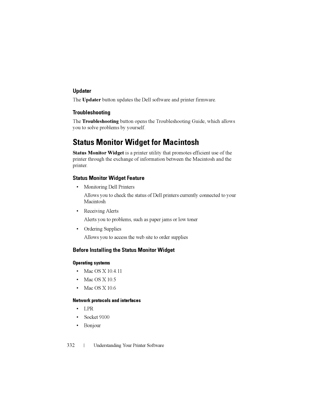 Dell 2150cn manual Status Monitor Widget for Macintosh, Updater, Troubleshooting, Status Monitor Widget Feature 