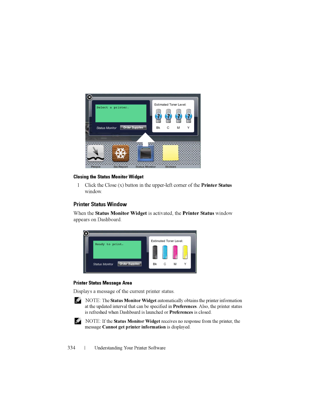 Dell 2150cn manual Printer Status Window, Closing the Status Monitor Widget, Printer Status Message Area 