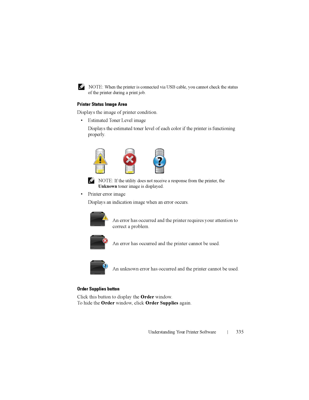 Dell 2150cn manual Printer Status Image Area, Order Supplies button, 335 