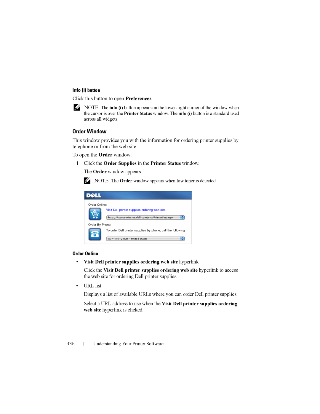 Dell 2150cn manual Order Window, Info i button, Click this button to open Preferences, Order Online 