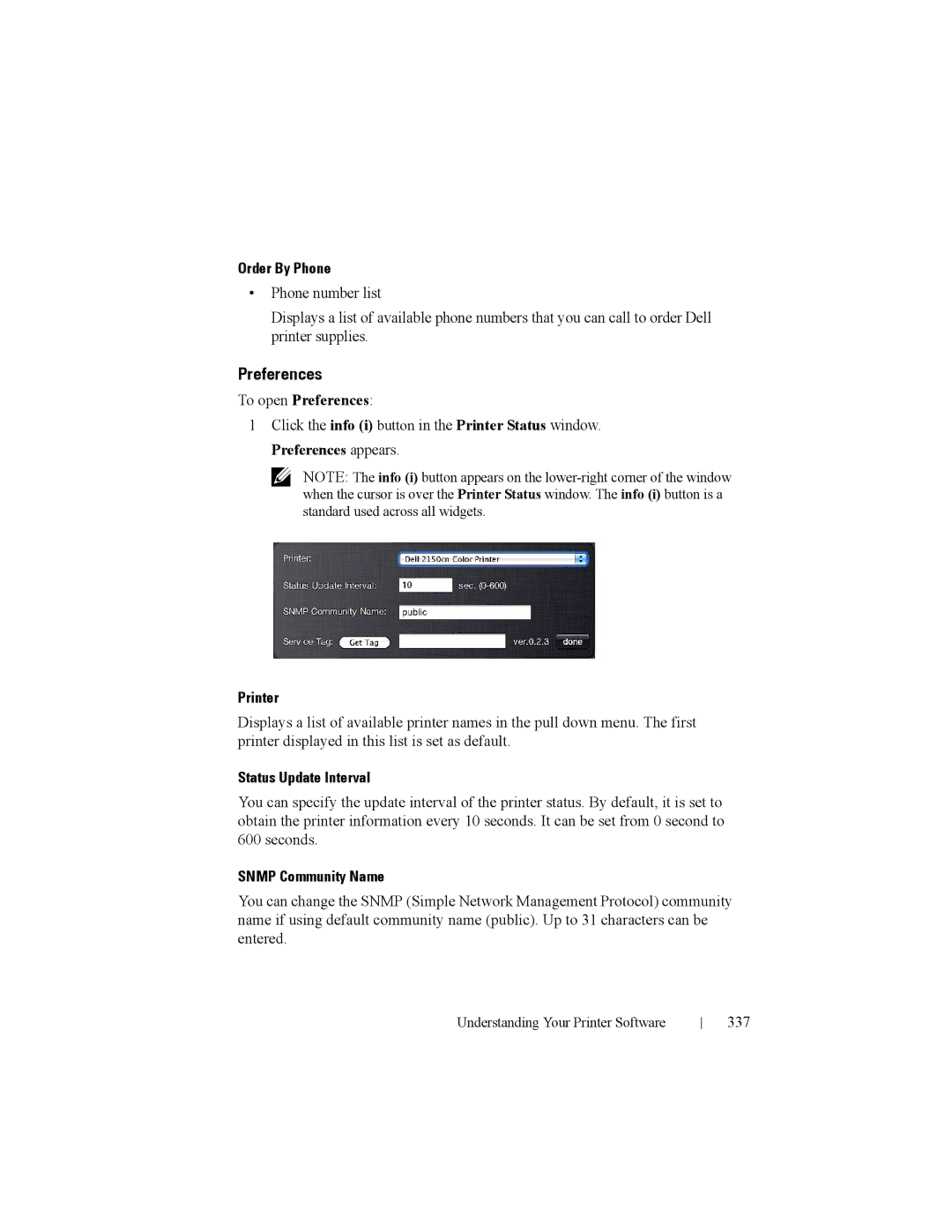 Dell 2150cn manual Preferences, Order By Phone, Printer, Status Update Interval, Snmp Community Name 