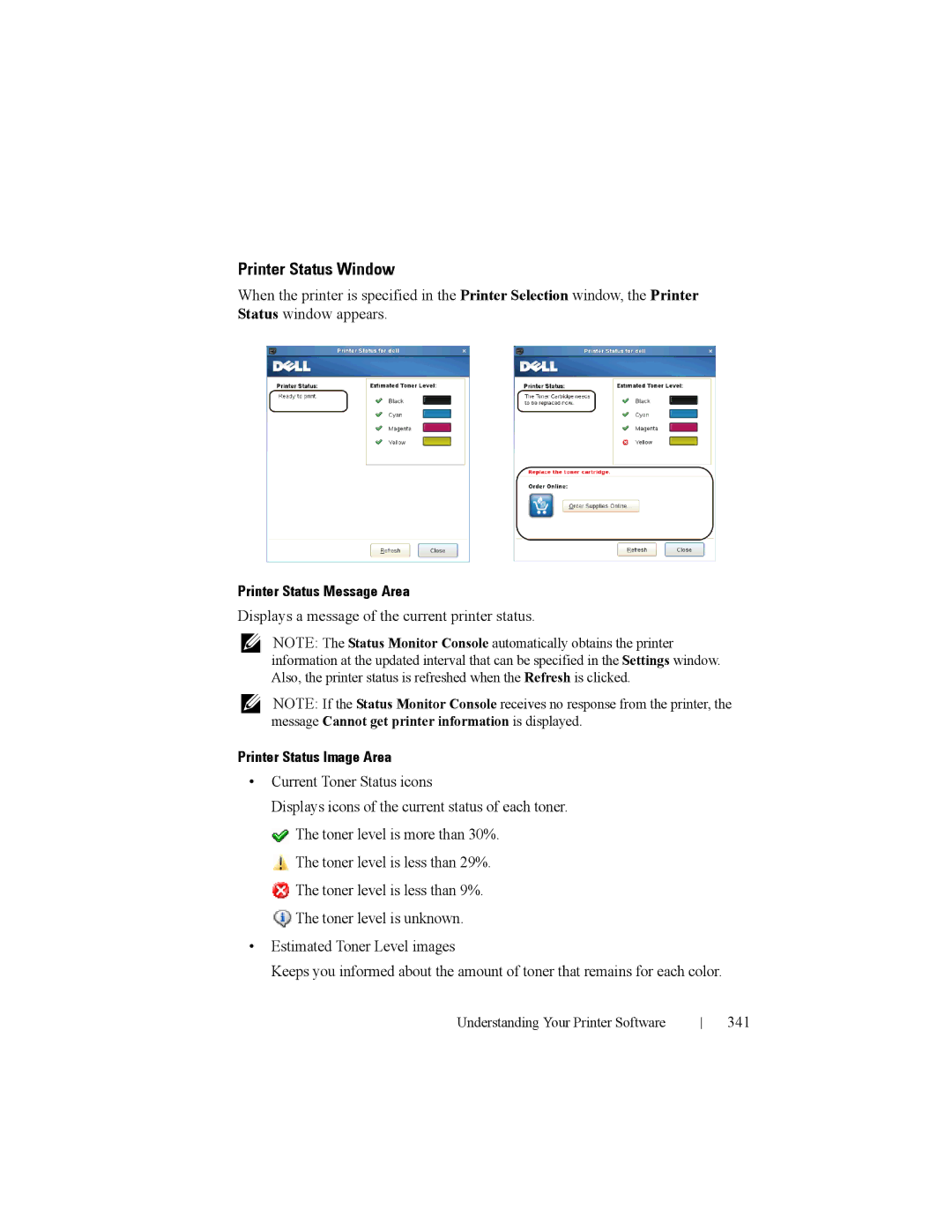 Dell 2150cn manual Displays a message of the current printer status, 341 