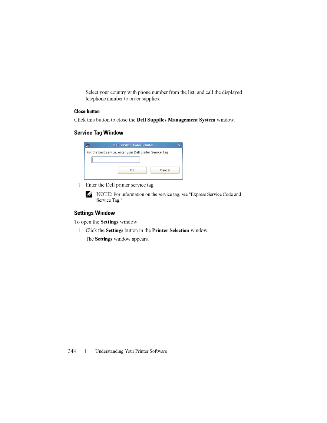 Dell 2150cn Service Tag Window, Settings Window, Enter the Dell printer service tag, To open the Settings window, 344 