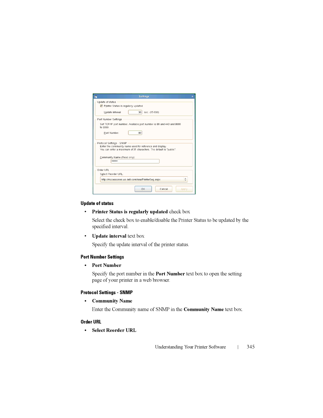 Dell 2150cn manual Update of status, Port Number Settings, Protocol Settings Snmp, Order URL 