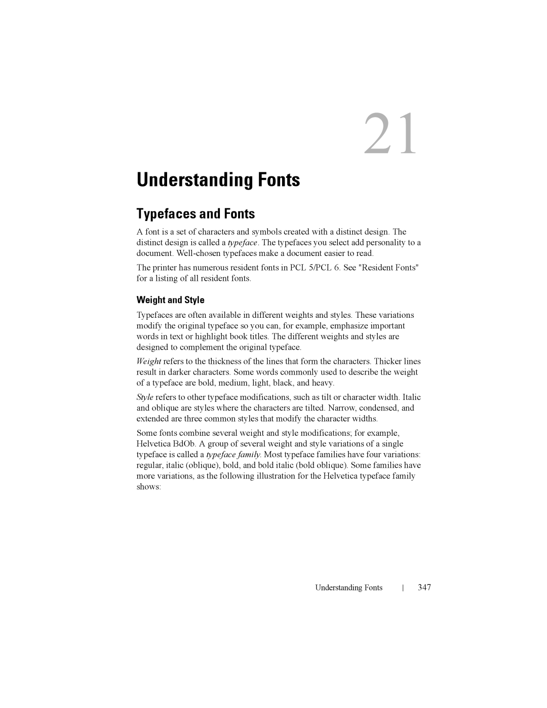 Dell 2150cn manual Understanding Fonts, Typefaces and Fonts, Weight and Style, 347 