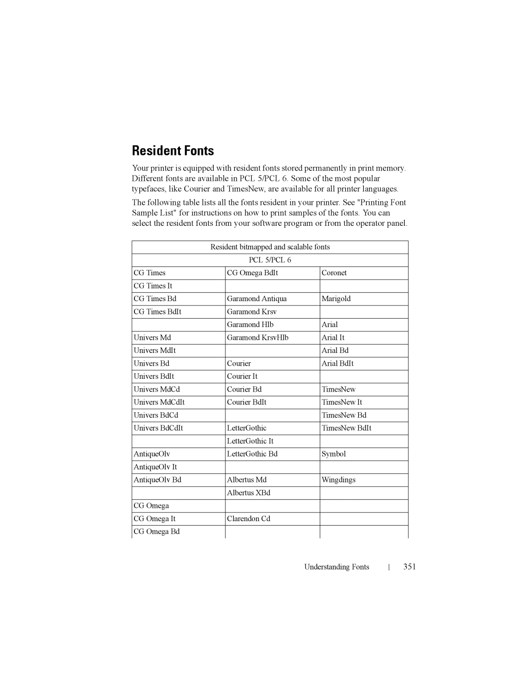 Dell 2150cn manual Resident Fonts, 351 