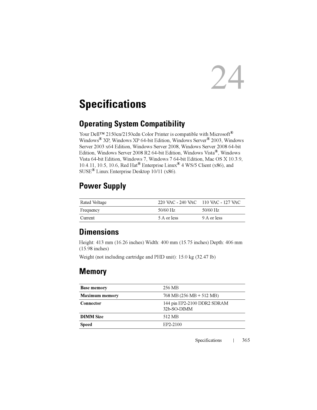 Dell 2150cn manual Specifications, Operating System Compatibility, Power Supply, Dimensions, Memory 