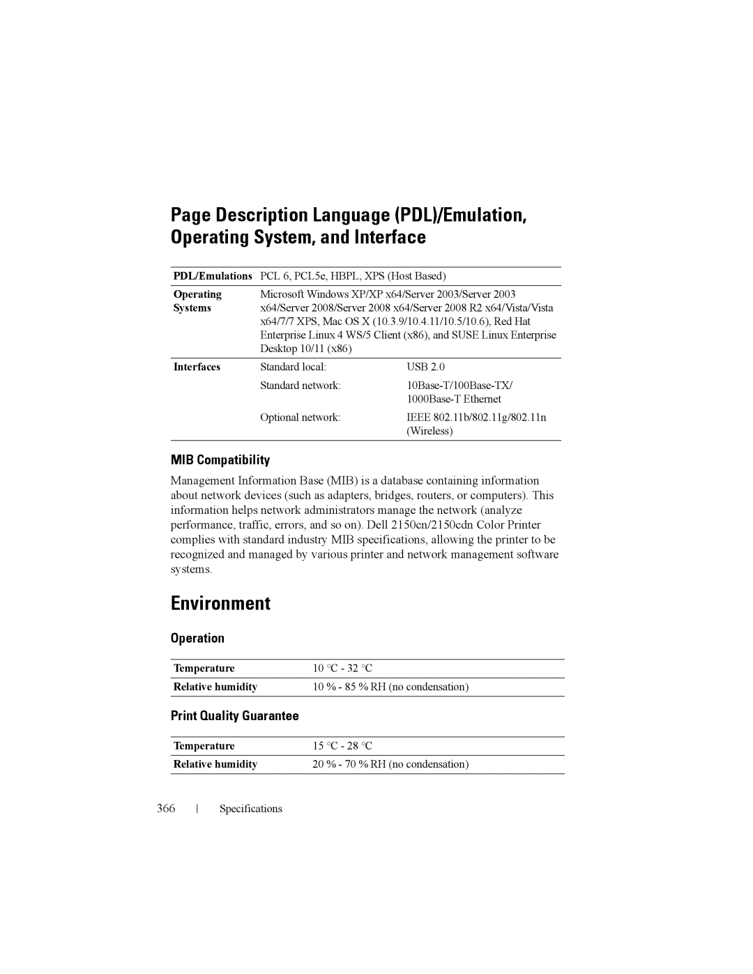 Dell 2150cn manual Environment, MIB Compatibility, Operation, Print Quality Guarantee, 366 