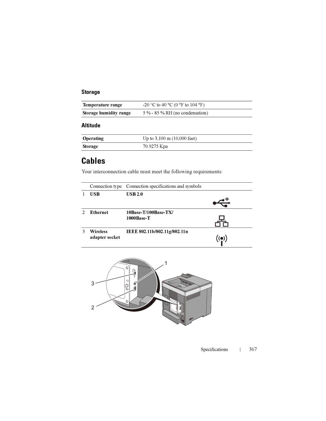 Dell 2150cn manual Cables, Storage, Altitude, 367 