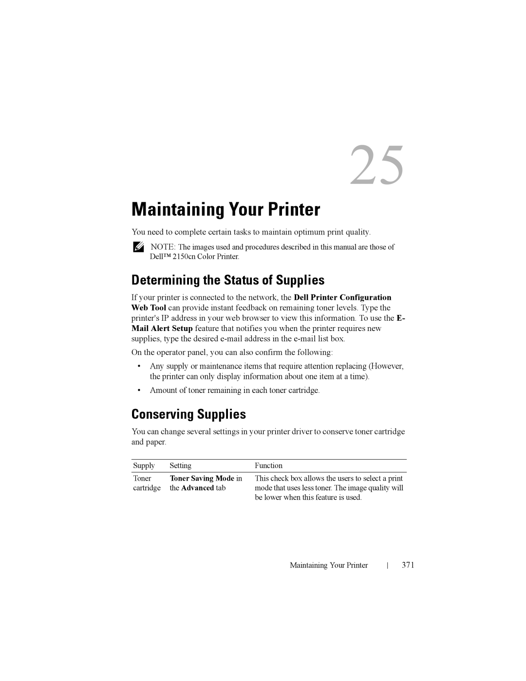 Dell 2150cn Determining the Status of Supplies, Conserving Supplies, Amount of toner remaining in each toner cartridge 