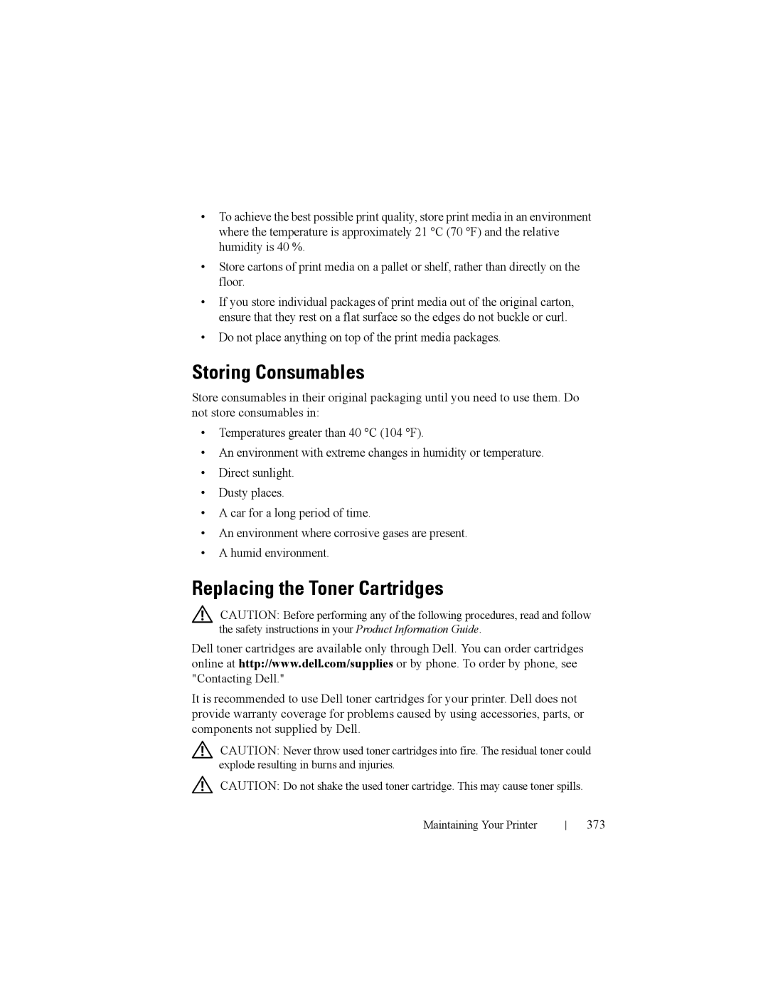 Dell 2150cn manual Storing Consumables, Replacing the Toner Cartridges, 373 