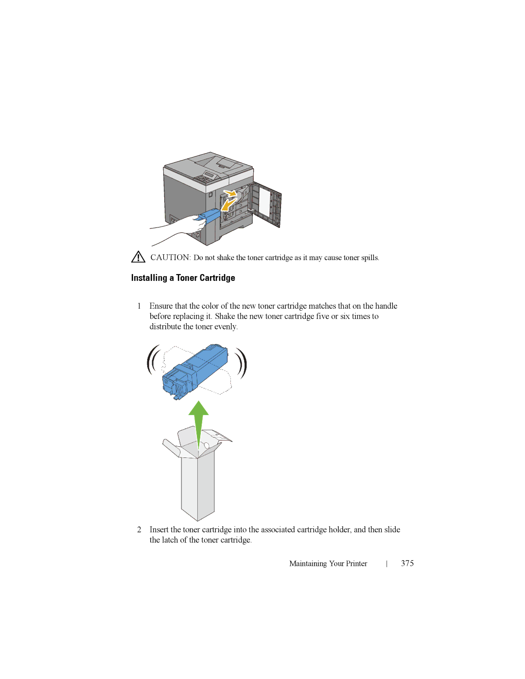 Dell 2150cn manual Installing a Toner Cartridge, 375 