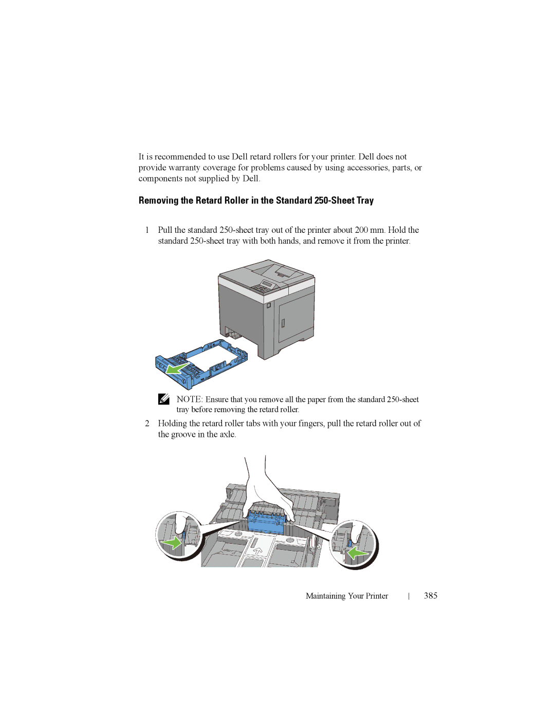 Dell 2150cn manual Removing the Retard Roller in the Standard 250-Sheet Tray, 385 