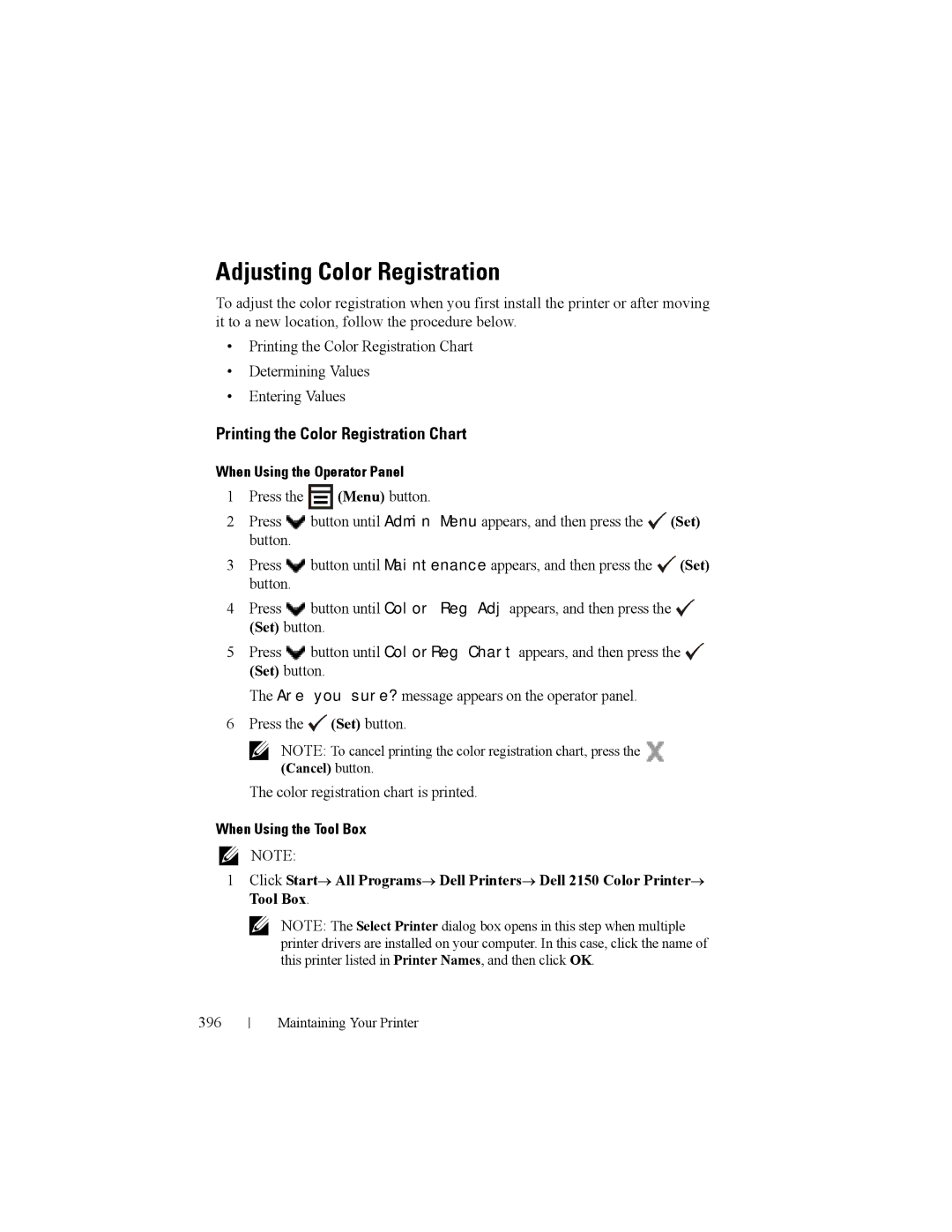 Dell 2150cn manual Adjusting Color Registration, Printing the Color Registration Chart, 396 