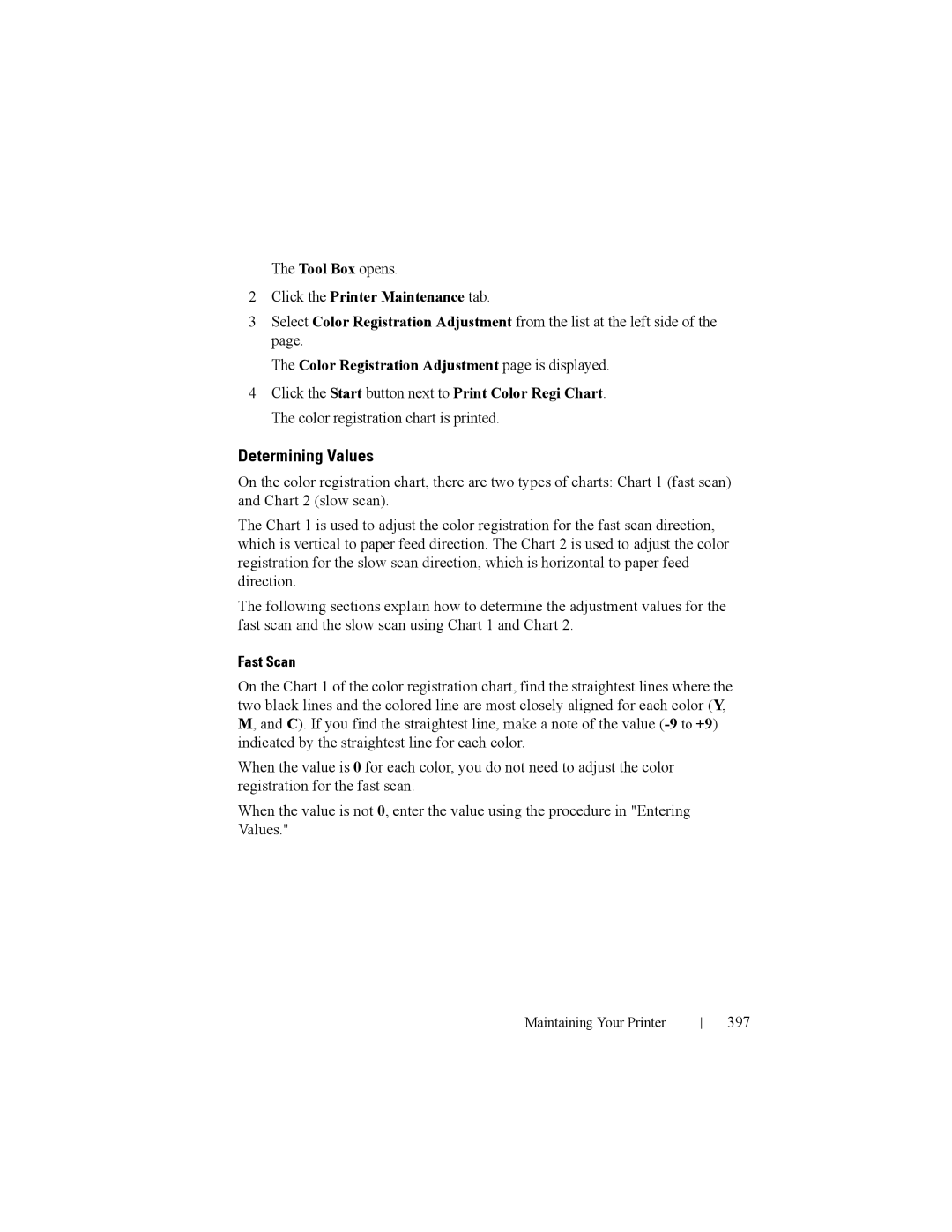 Dell 2150cn manual Determining Values, Color Registration Adjustment page is displayed, Fast Scan, 397 