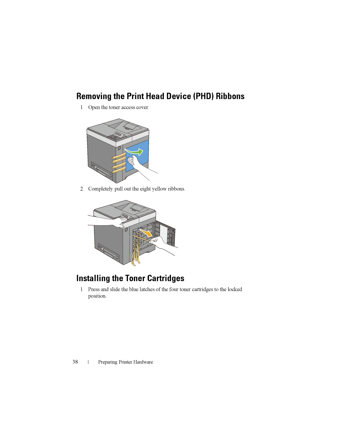 Dell 2150cn manual Removing the Print Head Device PHD Ribbons, Installing the Toner Cartridges 