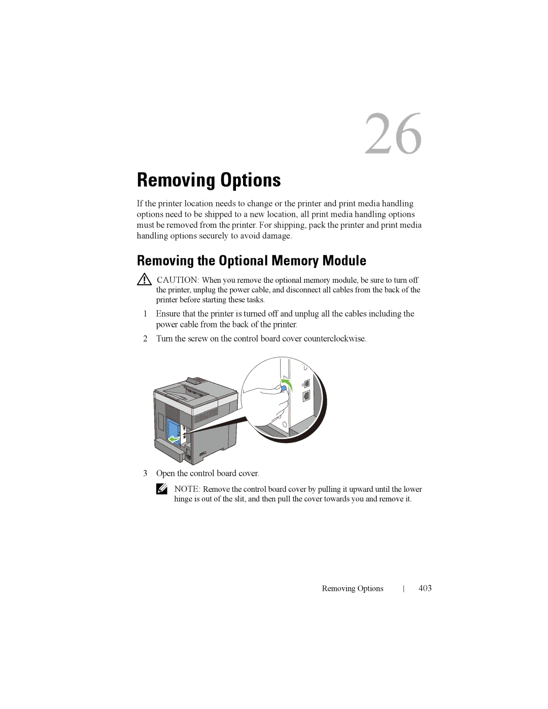 Dell 2150cn manual Removing Options, Removing the Optional Memory Module, 403 