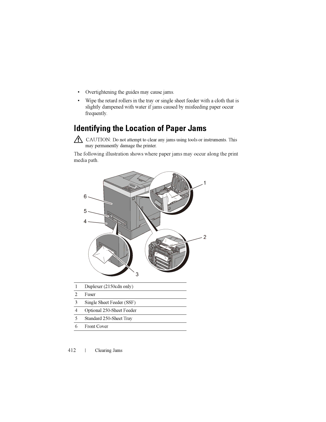 Dell 2150cn manual Identifying the Location of Paper Jams, 412 