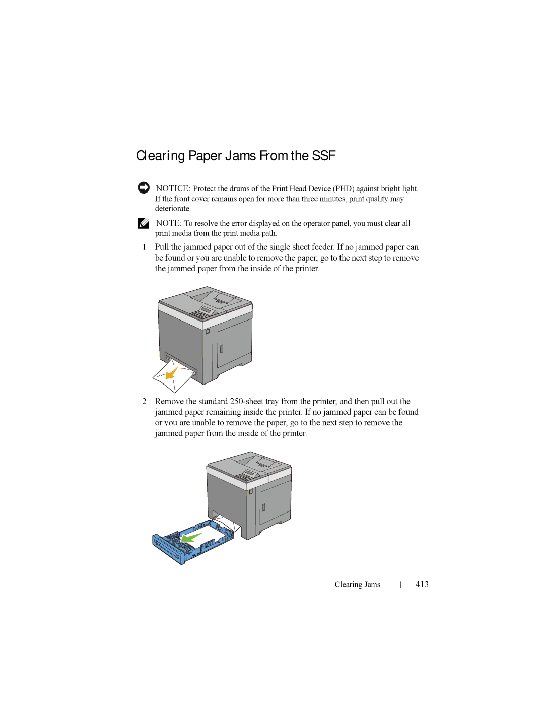 Dell 2150cn manual Clearing Paper Jams From the SSF, 413 