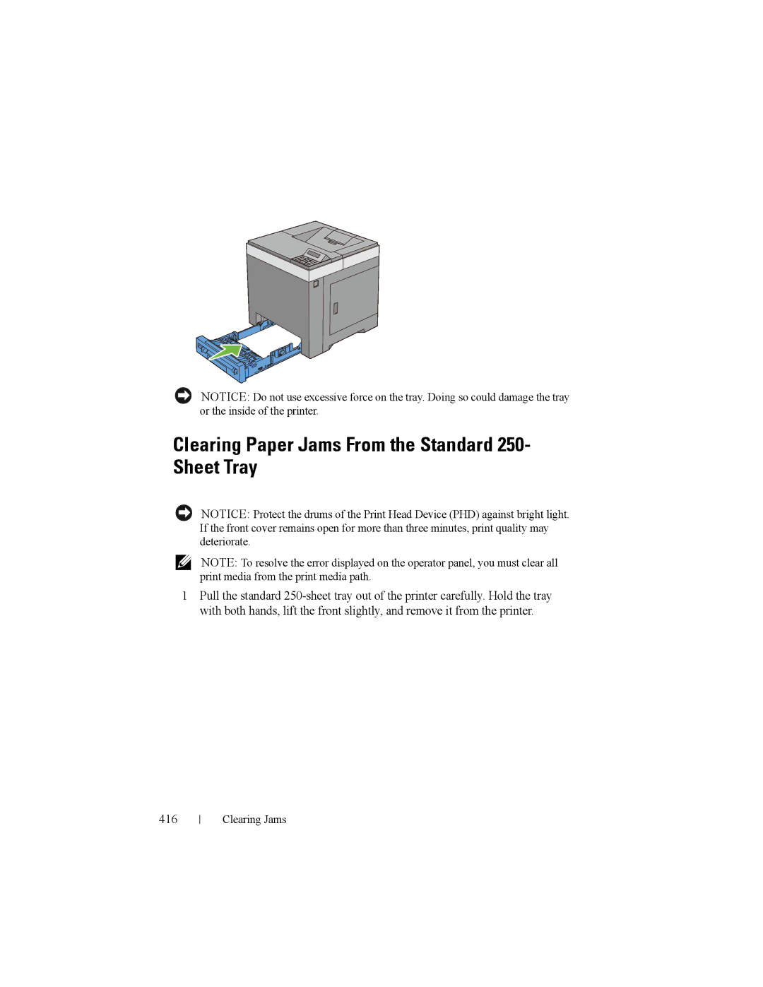 Dell 2150cn manual Clearing Paper Jams From the Standard 250- Sheet Tray, 416 