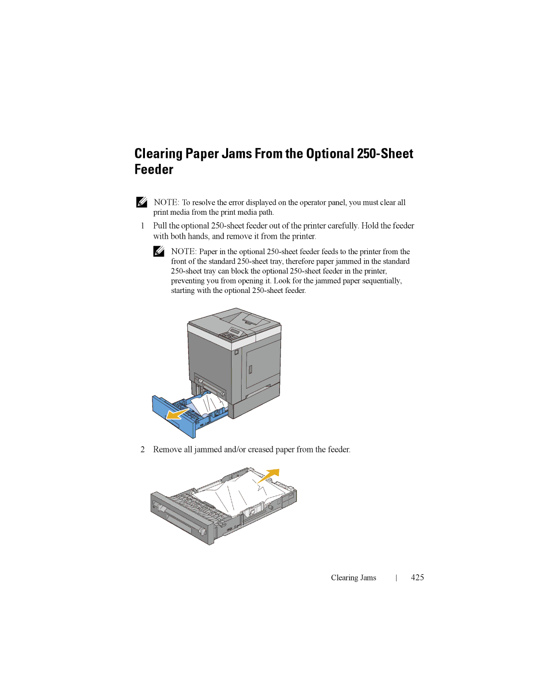 Dell 2150cn manual Clearing Paper Jams From the Optional 250-Sheet Feeder, 425 