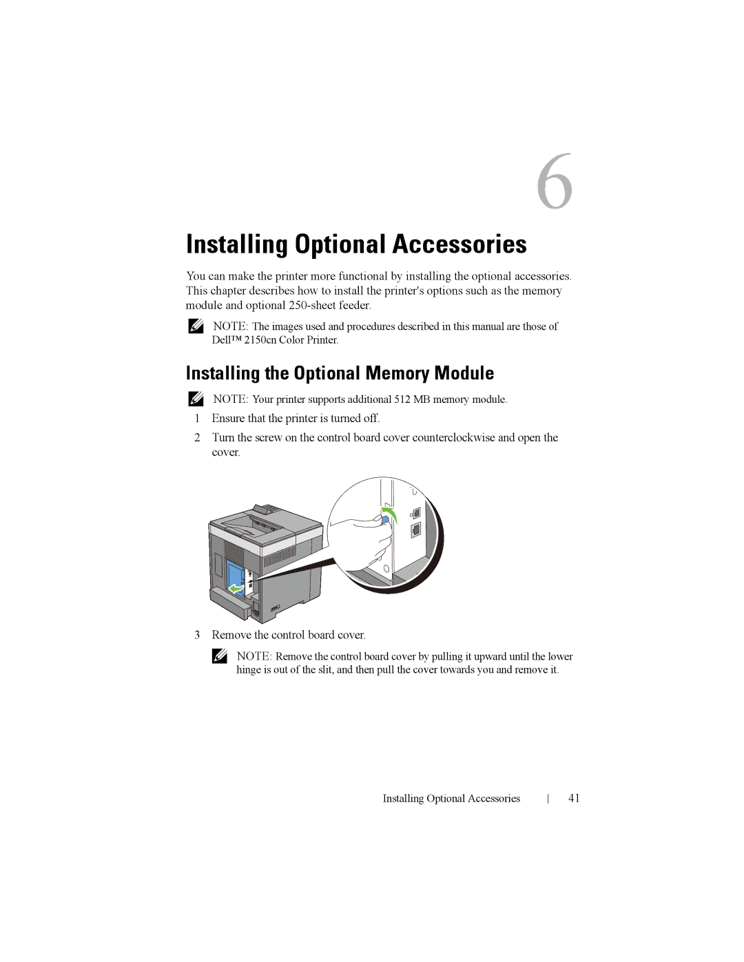 Dell 2150cn manual Installing Optional Accessories, Installing the Optional Memory Module 