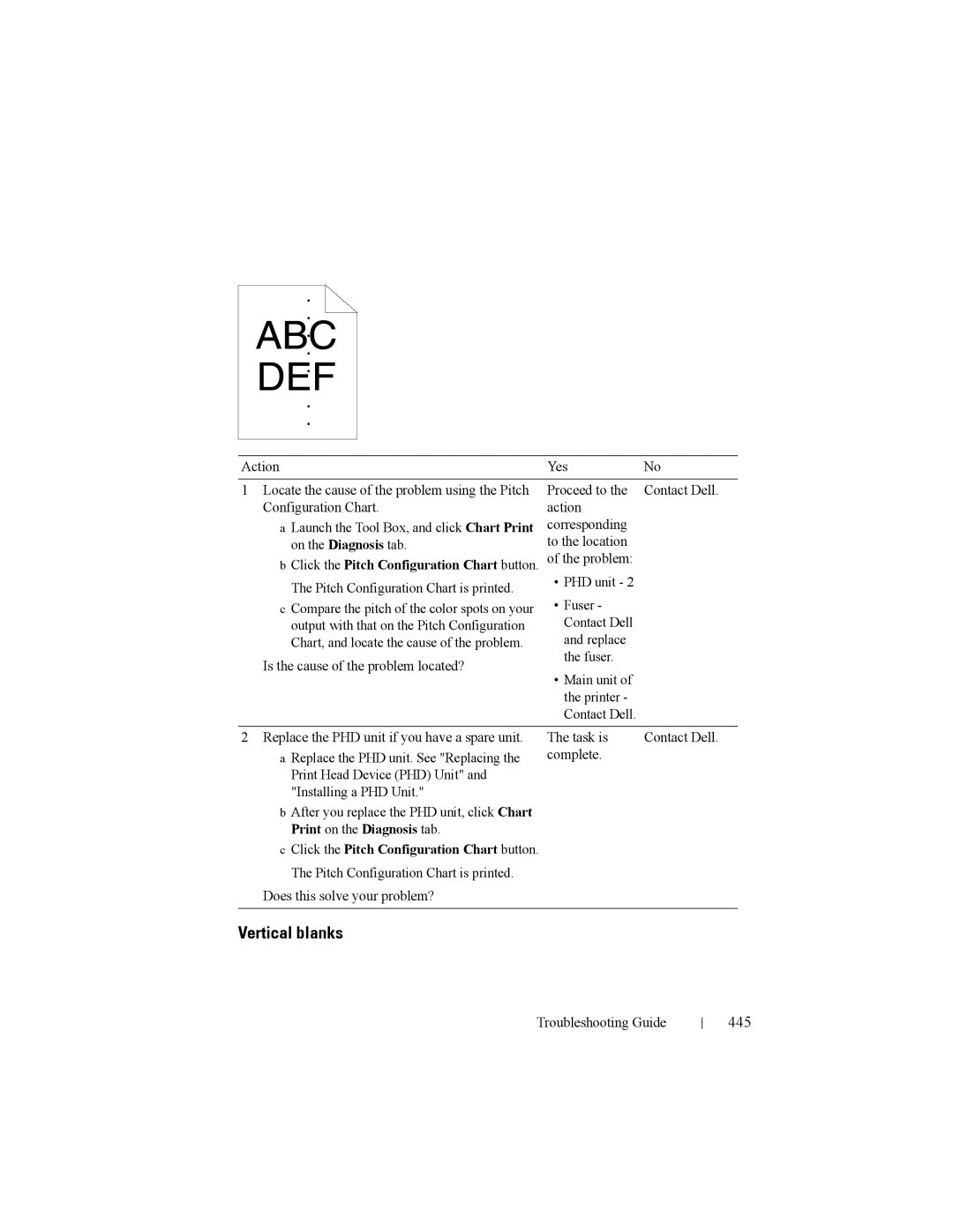 Dell 2150cn manual Vertical blanks, 445, Click the Pitch Configuration Chart button. of the problem 