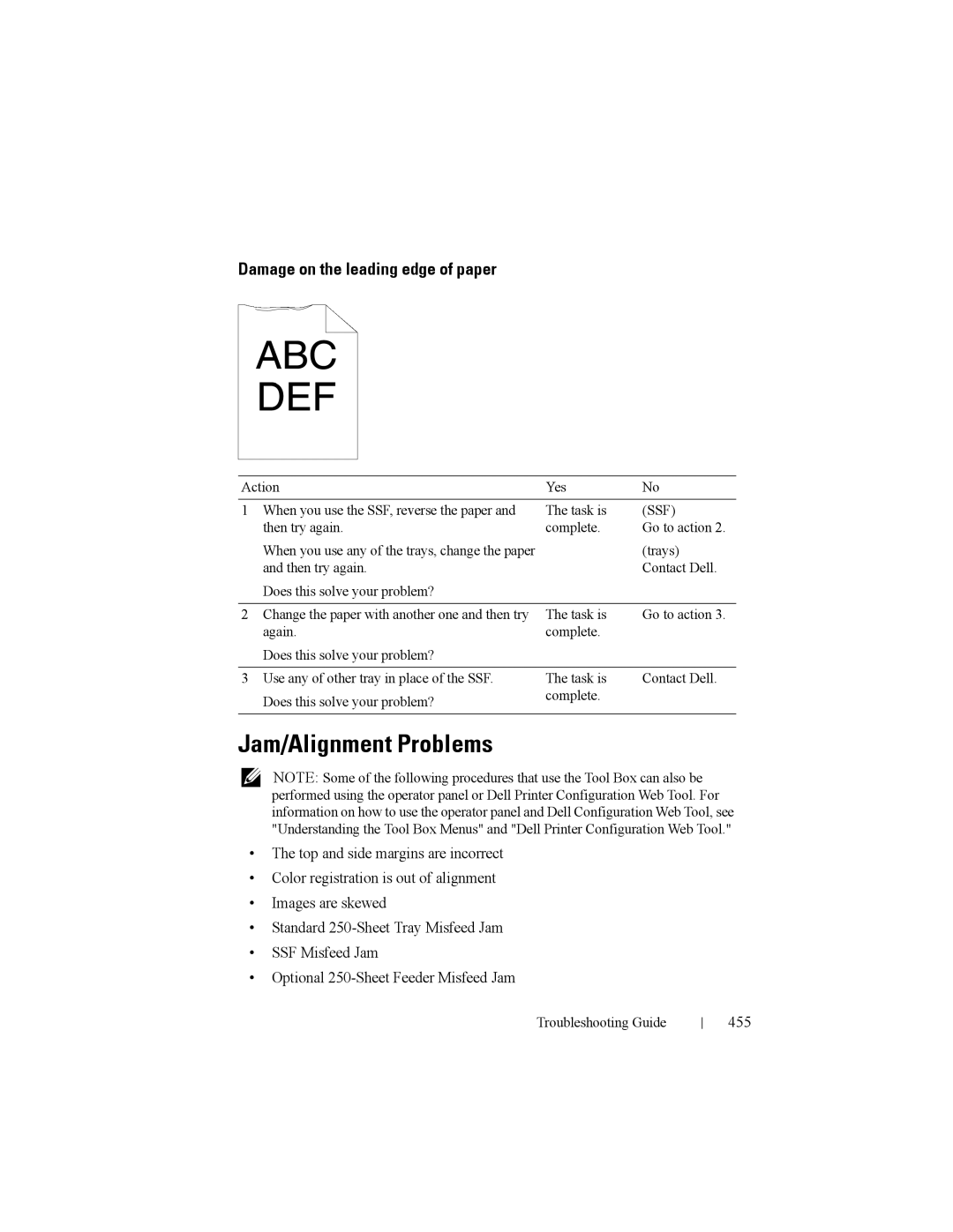 Dell 2150cn manual Jam/Alignment Problems, Damage on the leading edge of paper, 455 