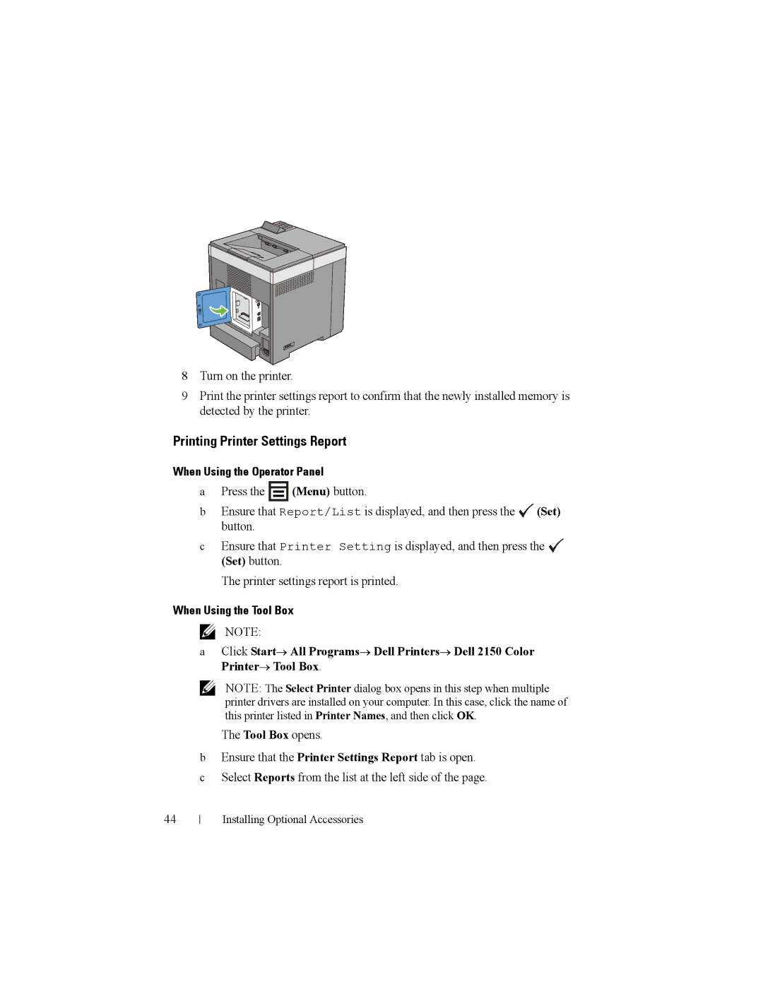 Dell 2150cn manual Printing Printer Settings Report, When Using the Operator Panel, When Using the Tool Box 