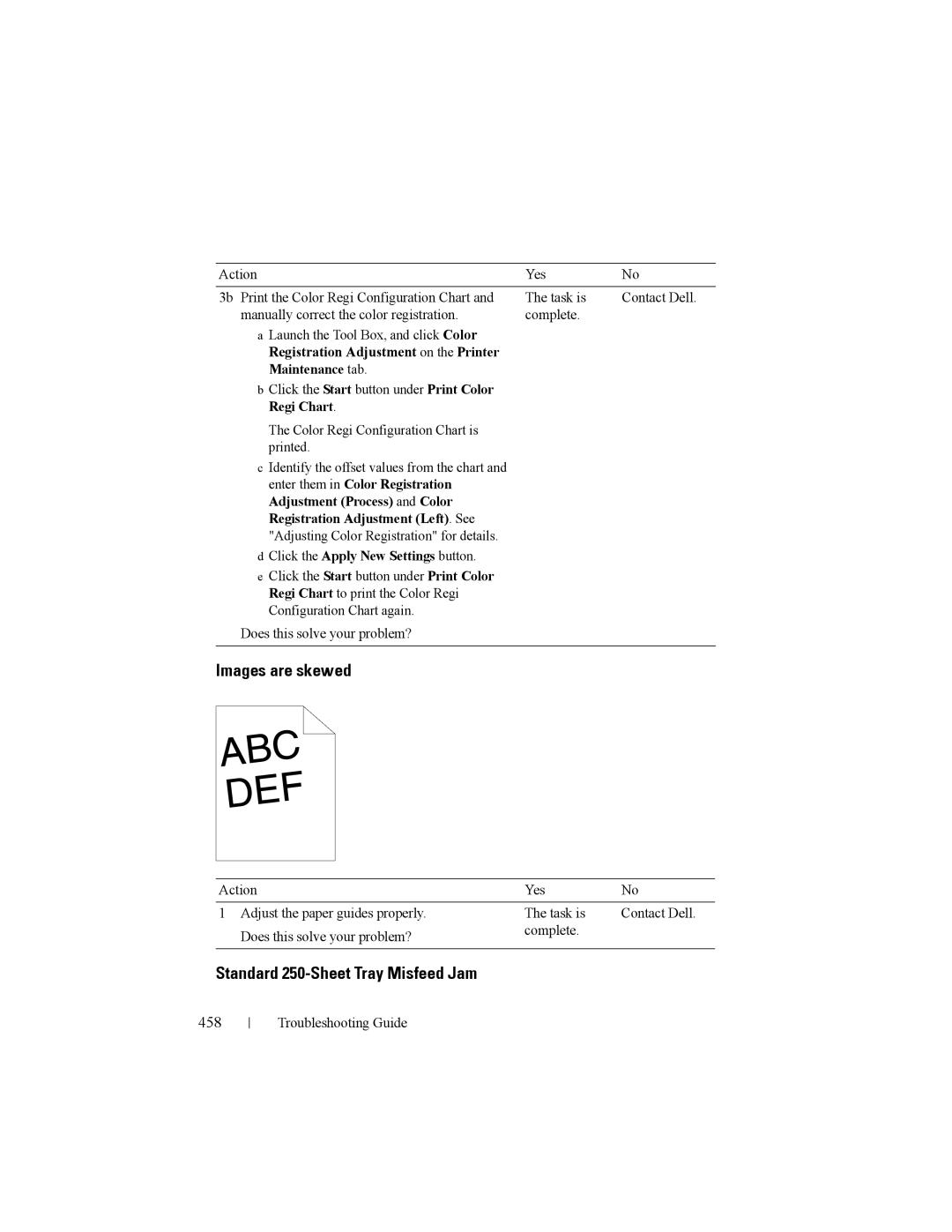 Dell 2150cn manual Images are skewed, Standard 250-Sheet Tray Misfeed Jam, 458, Click the Apply New Settings button 