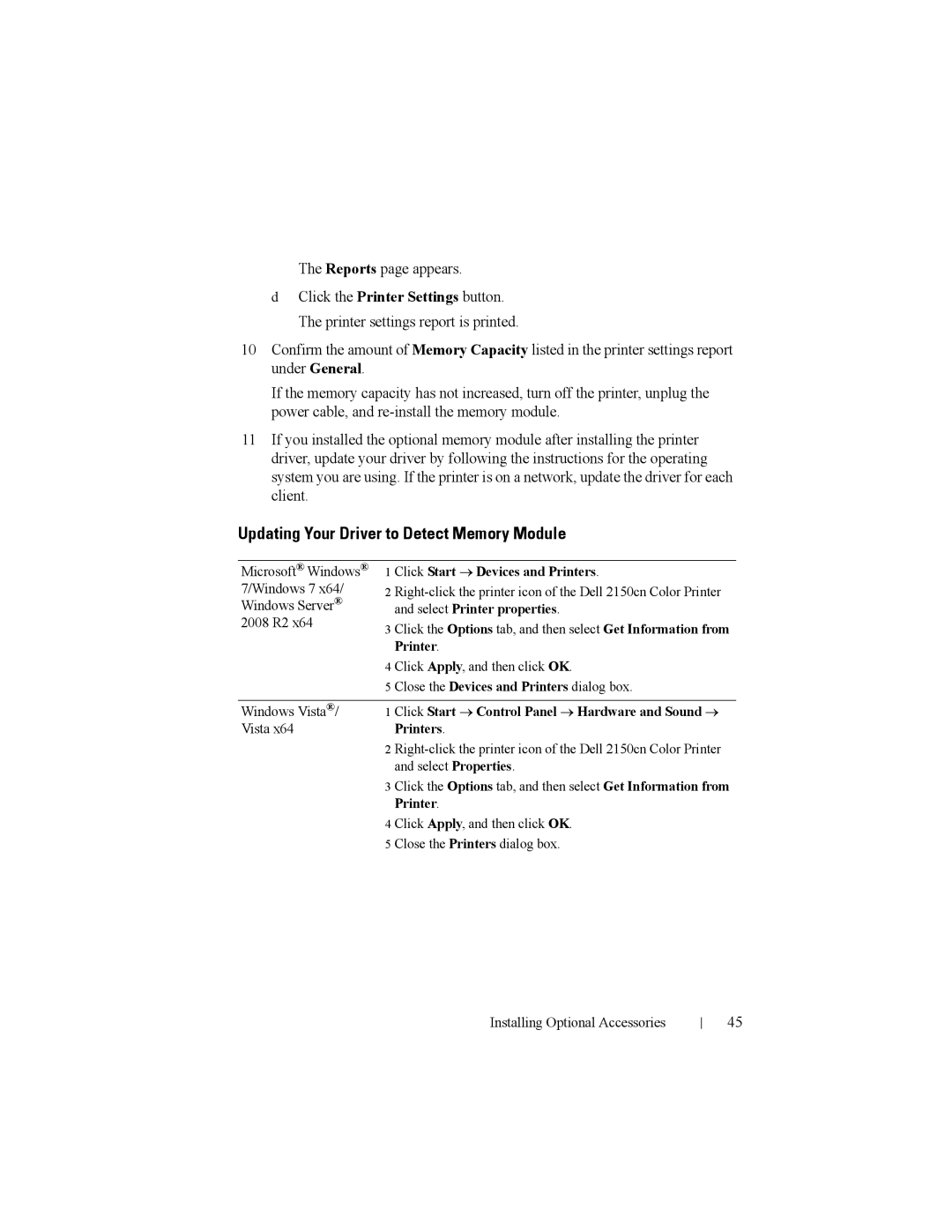 Dell 2150cn manual Updating Your Driver to Detect Memory Module, Reports page appears 