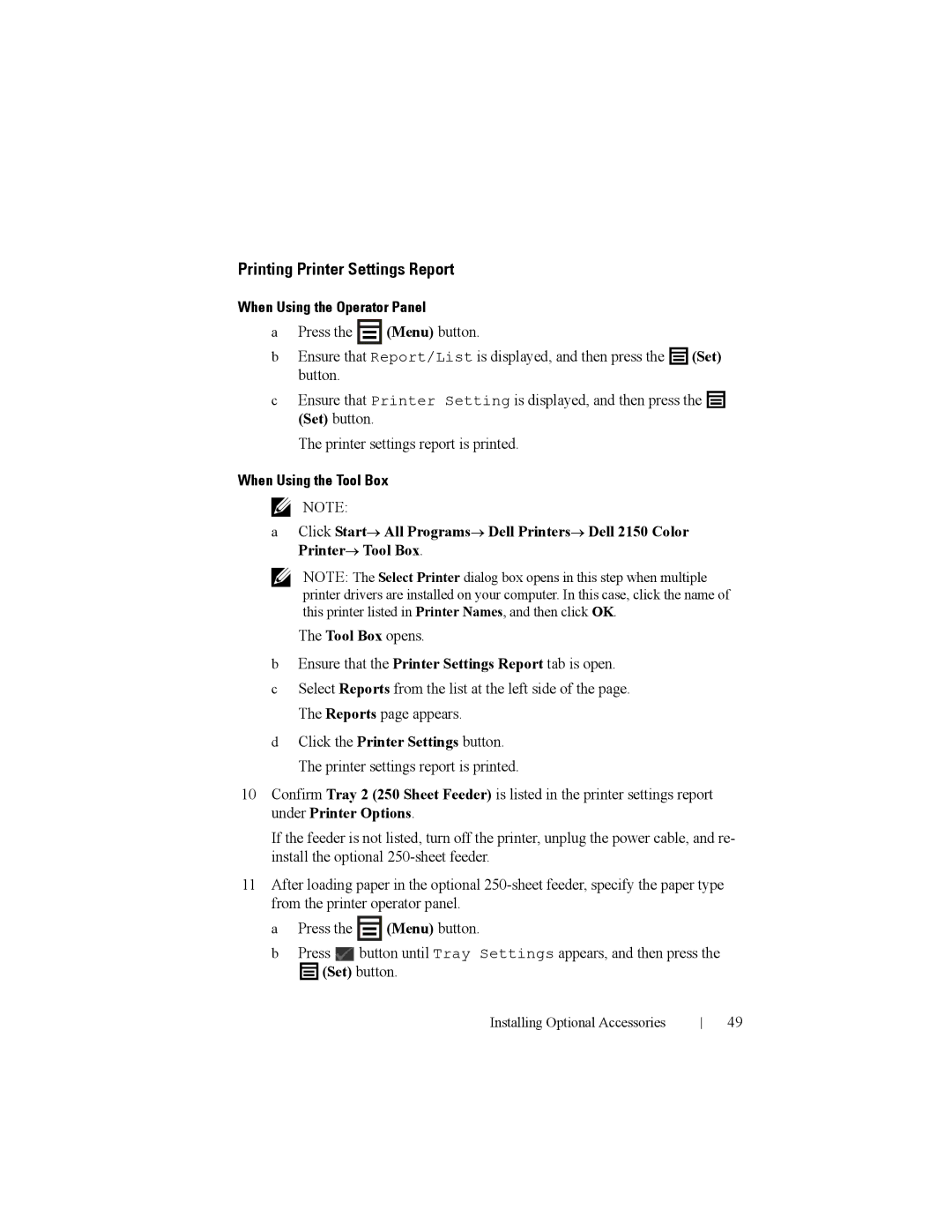 Dell 2150cn manual Printing Printer Settings Report, Set button 