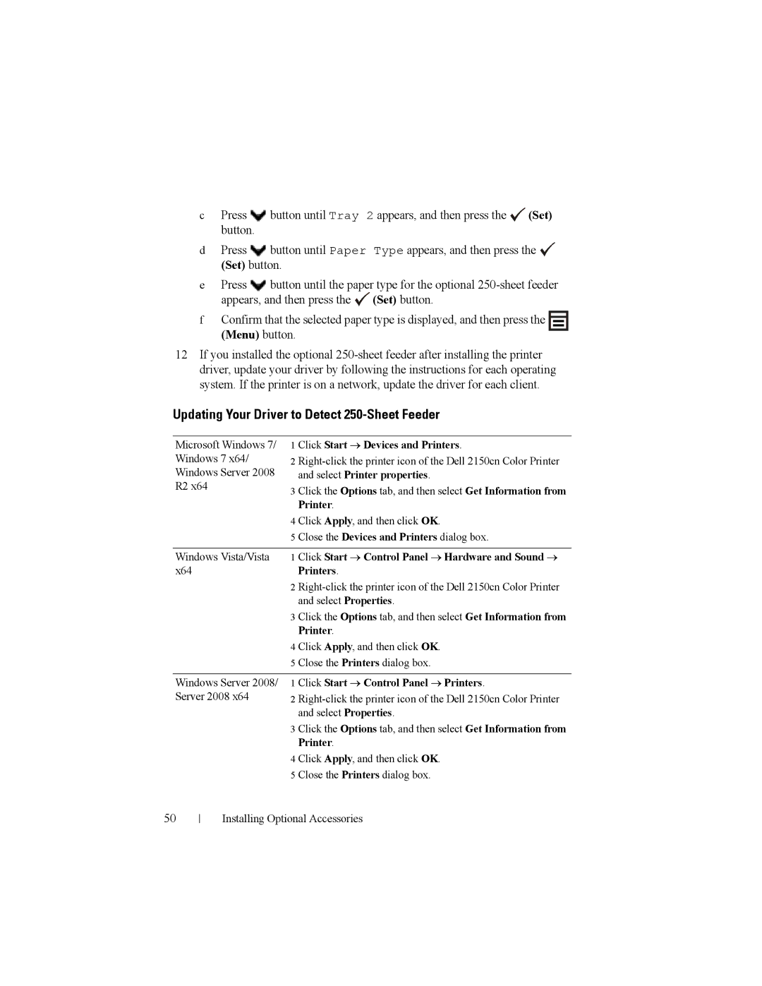Dell 2150cn manual Updating Your Driver to Detect 250-Sheet Feeder, Click Start → Devices and Printers 