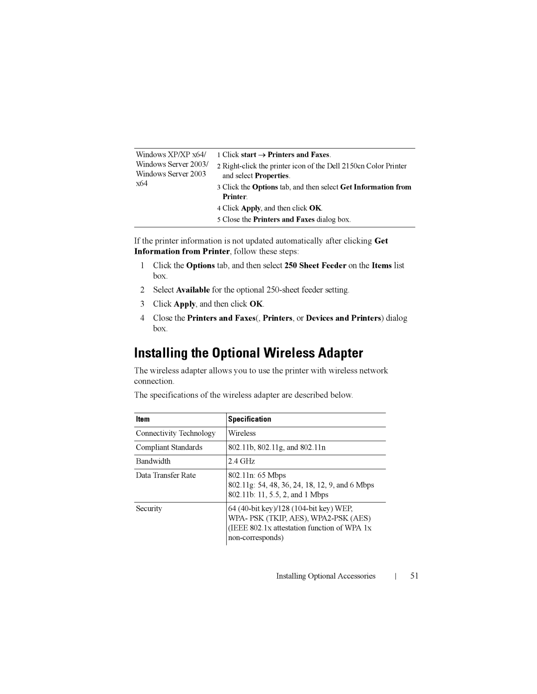 Dell 2150cn manual Installing the Optional Wireless Adapter, Specification 