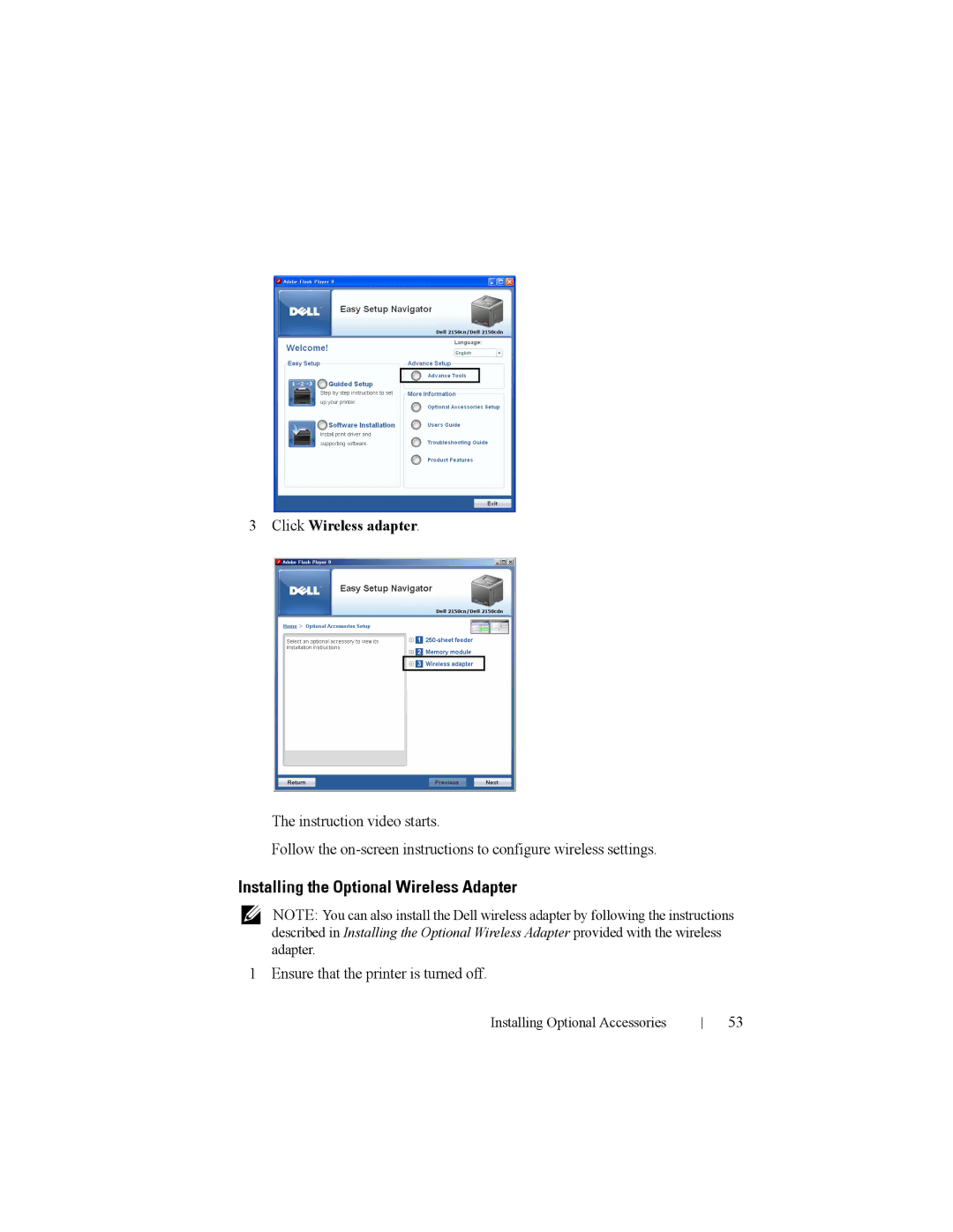 Dell 2150cn manual Installing the Optional Wireless Adapter, Click Wireless adapter, Ensure that the printer is turned off 