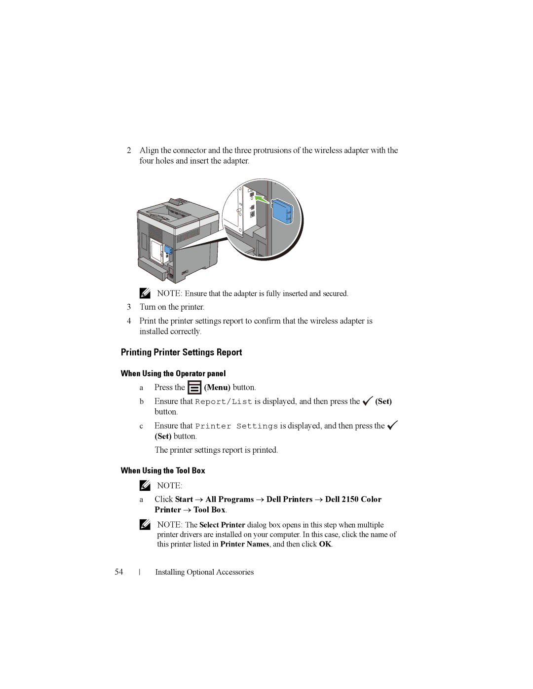 Dell 2150cn manual Printing Printer Settings Report 