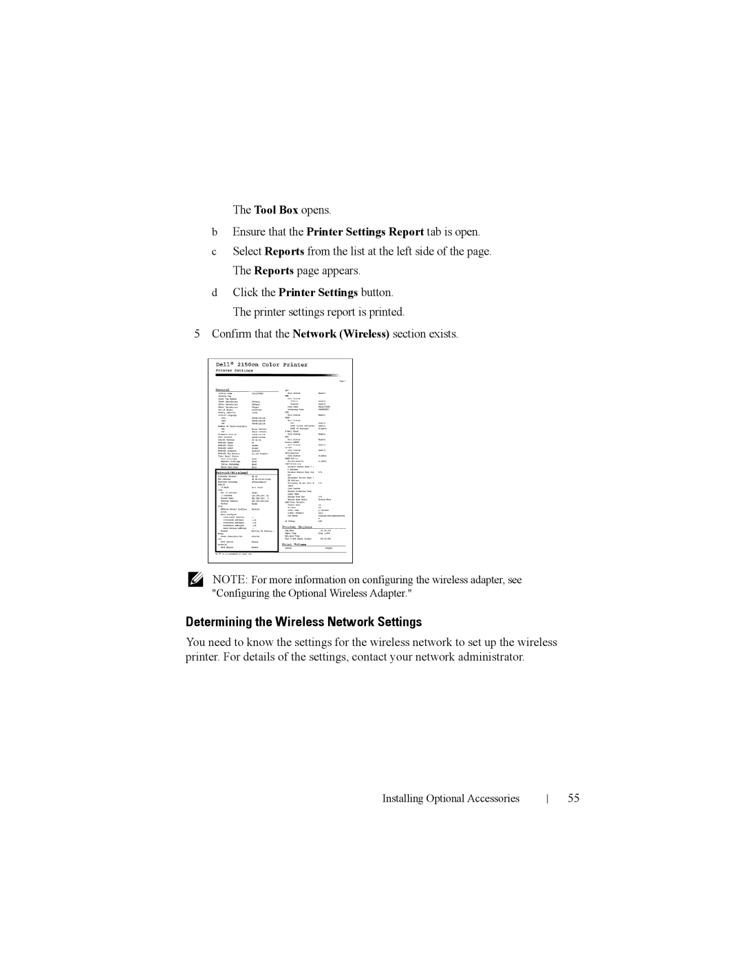 Dell 2150cn manual Determining the Wireless Network Settings, Confirm that the Network Wireless section exists 