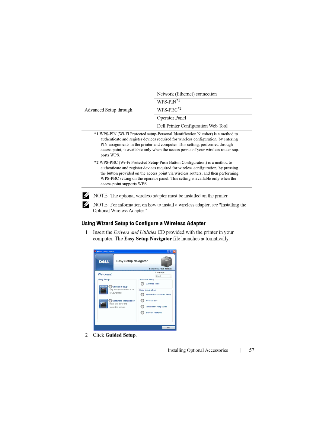 Dell 2150cn manual Using Wizard Setup to Configure a Wireless Adapter, Click Guided Setup 