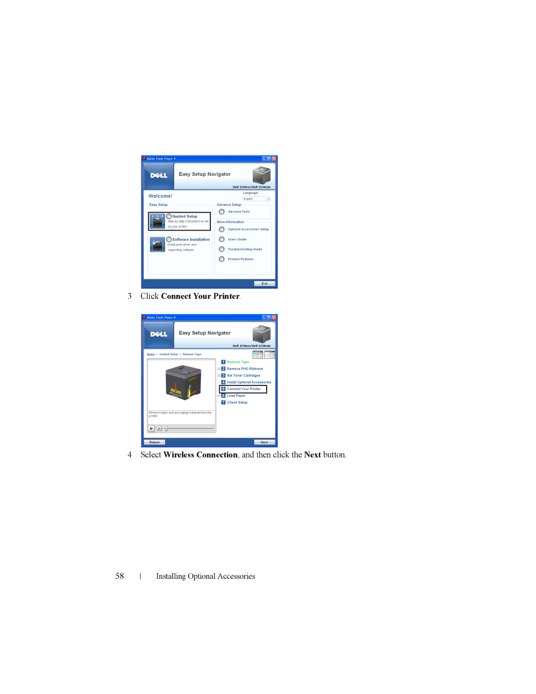 Dell 2150cn manual Click Connect Your Printer, Select Wireless Connection, and then click the Next button 