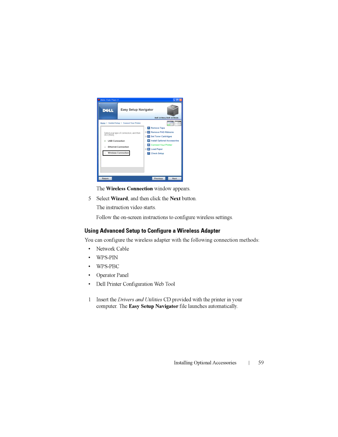 Dell 2150cn manual Using Advanced Setup to Configure a Wireless Adapter, Wireless Connection window appears 