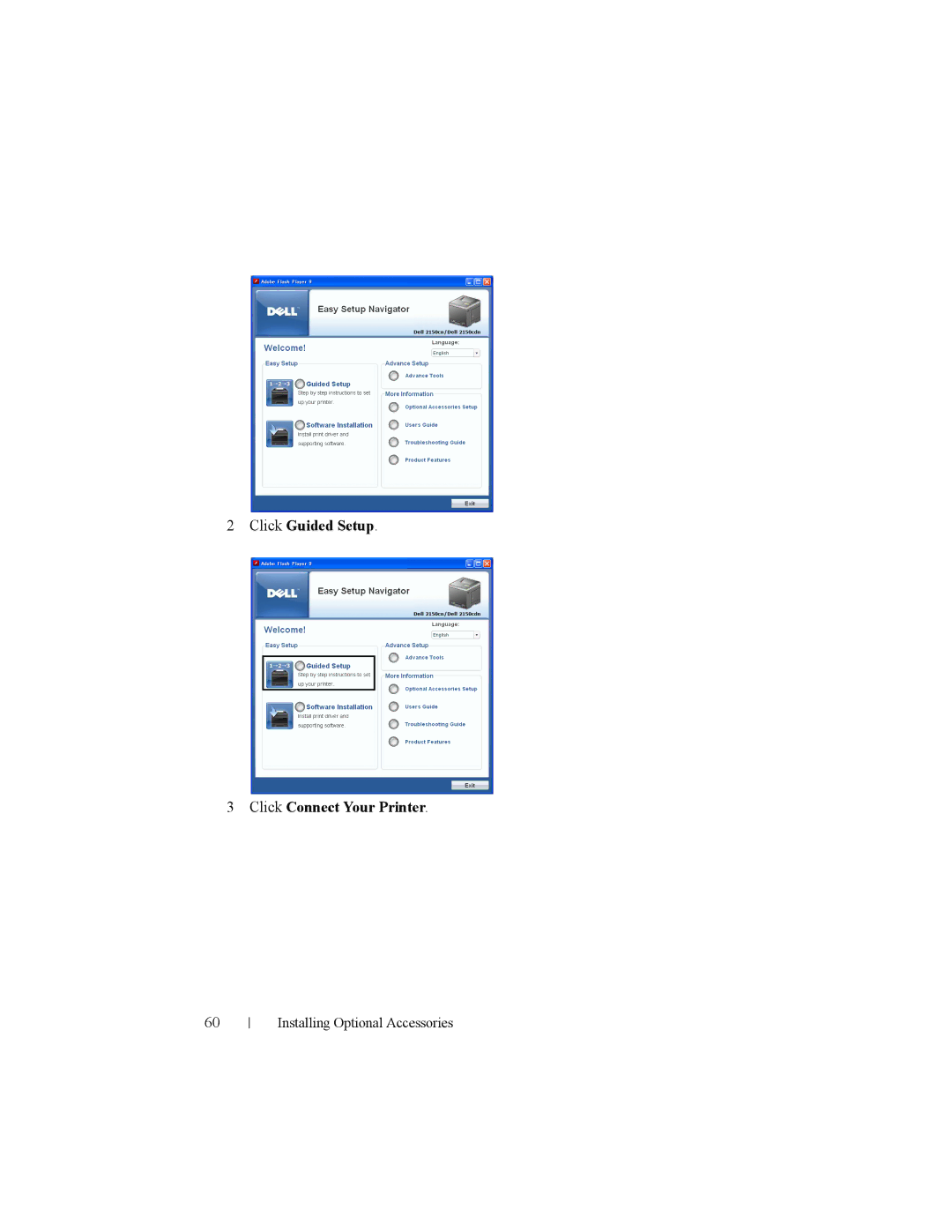 Dell 2150cn manual Click Guided Setup Click Connect Your Printer 