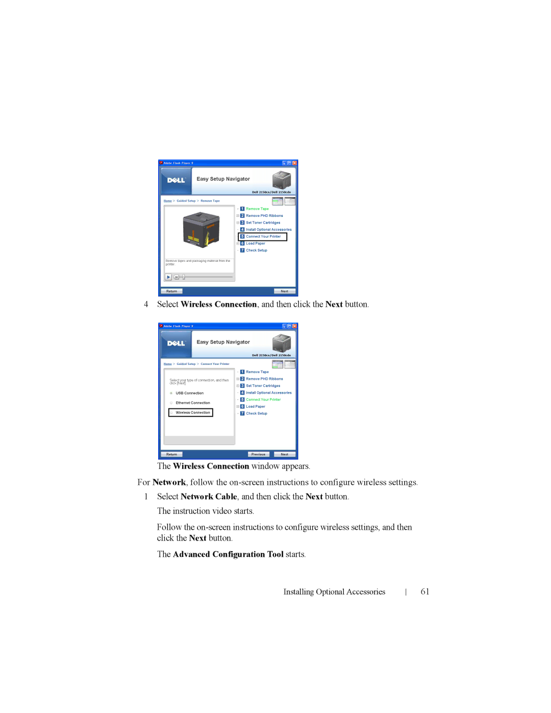 Dell 2150cn manual Select Wireless Connection, and then click the Next button, Advanced Configuration Tool starts 