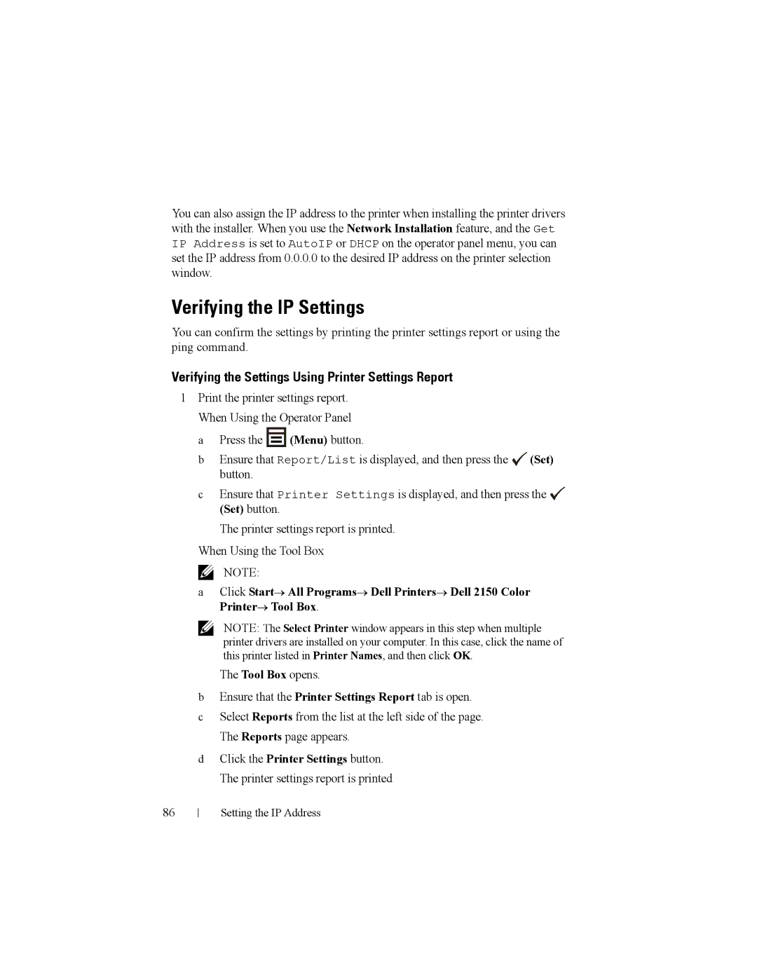 Dell 2150cn manual Verifying the IP Settings, Verifying the Settings Using Printer Settings Report 