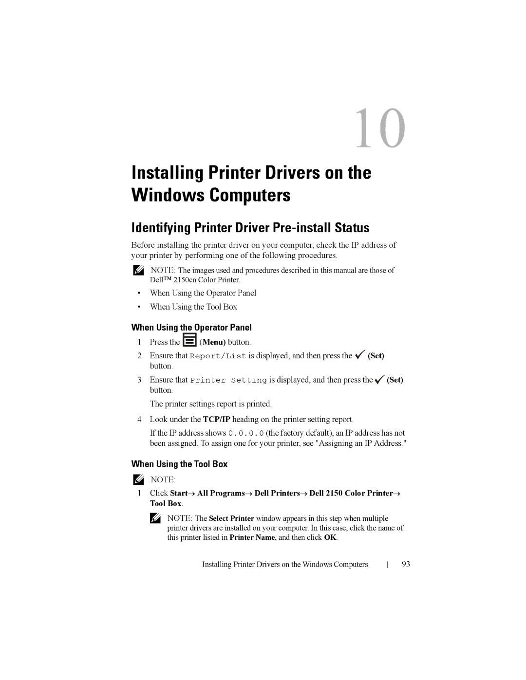 Dell 2150cn manual Installing Printer Drivers on the Windows Computers, Identifying Printer Driver Pre-install Status 